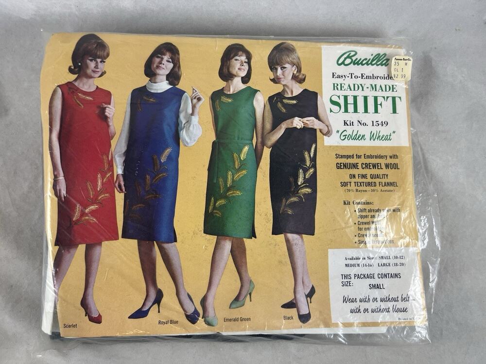 1960s Bucilla Easy to Embroider Ready-Made Shift Dress Golden Wheat Kit 1549 NEW